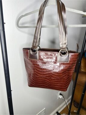 Jones New York Brown Croc-Embossed Tote with Metallic Handles